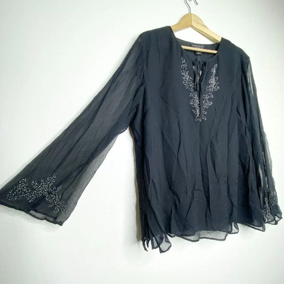 NWT Anne Carson 100% Silk Blouse 1X Beaded Embroidered Black Boho Chic Top - Picture 3 of 9